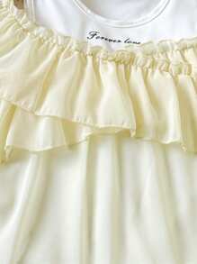 Young Girl Letter Graphic Asymmetrical Sleeve 2 In 1 Pearl Chiffon Panel T-Shirt Top, Summer