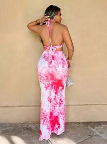 Sirith 两件套亮粉色女士海滩度假复古3D花卉套装 - 粉色 - 查看 2