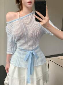 DAZY Women's Contrast Color Crochet Hollow Out Lace Mesh Pullover Short Sleeve Knitted Top With Tie Details, Spring/Summer - Blue - View 8