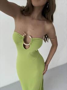 Aloruh Sexy Vixen Snake Metal Buckle Fitted Hollow-Out Maxi Olive Green Bodycon Dress For Women