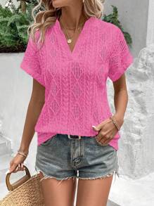 SHEIN LUNE Suéter de mujer de manga corta con cuello en V, de unicolor, tejido jacquard - Rosa Fucsia - Ver 4
