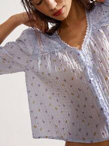 Bohemela 休闲印花彼得潘领宽松短袖女式衬衫 - 彩色 - 查看 5