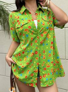 Flirla Plus Size Women's Tropical Print Green Flap Detail Short Sleeve Button Up Shirt - Green - View 6