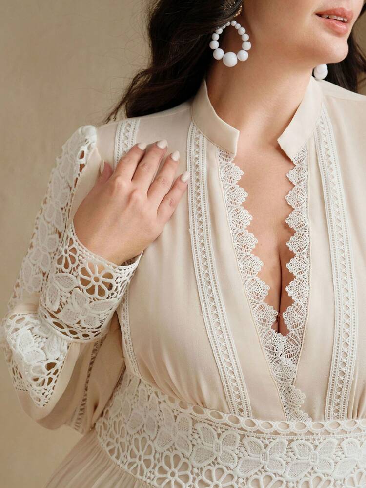 Plus Size French Elegant Palace Hollow Lace Patchwork Floral Maxi Dress, Romantic Style, Suitable For Spring, Festival, Holiday