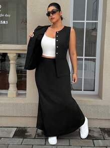 SHEIN EZwear 大码女式纯色简约无袖上衣和裙子两件套西装