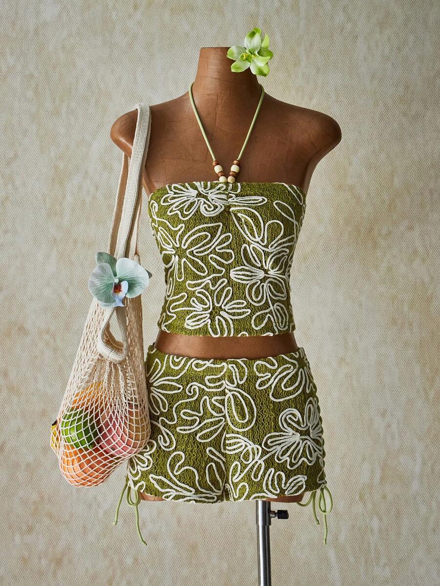 SHEIN ICON 女式露背吊带背心和低腰裙套装 - 綠色 - 查看 1