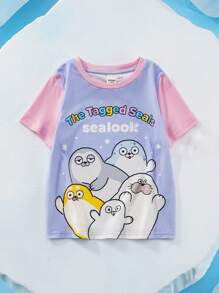 SEALOOK X SHEIN 年轻女孩可爱卡通海豹印花甜美休闲短袖T恤，粉色和紫色 - 淡紫色 - 查看 6
