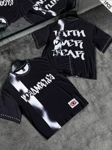 Manfinity EMRG 男士夏季街头风格黑白大数字图案 T 恤，前卫设计男士男士 T 恤短款男士街头潮流衬衫 - 黑色 - 查看 4