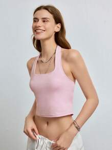 INAWLY Women's Summer Casual Solid Color Halter Neck Backless Crop Top