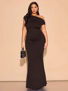 SHEIN BAE Váy maxi xếp nếp bất đối xứng cỡ lớn dành cho nữ, trang phục thanh lịch khi đi chơi, dự tiệc, hẹn hò, câu lạc bộ, Halloween, ngày lễ tình nhân, trang phục dự tiệc cưới, xuân/hè, váy maxi - Cà phê nâu - Xem 1