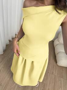 Modelyn 夏季优雅纯色不对称领口上衣和裙子两件套 - 黃色 - 查看 5