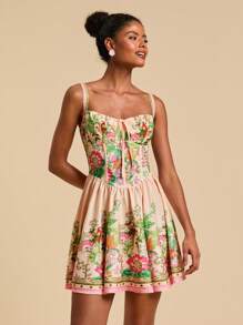 Travachic 女式花卉印花前系带细肩带浪漫度假连衣裙，女士度假装，女士度假装，海滩度假装，女士夏季装，女士夏季连衣裙，女士连衣裙，夏季连衣裙