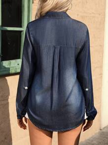 SHEIN LUNE Women's Fashion Versatile Button-Up Long Sleeve Pocket Loose Blouse Fall Cloth For Women - Dark Wash - View 2
