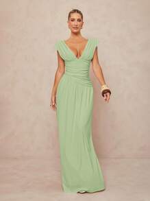 Lumalex 女式纯色深V领褶饰腰性感连衣裙 - 薄荷綠 - 查看 1