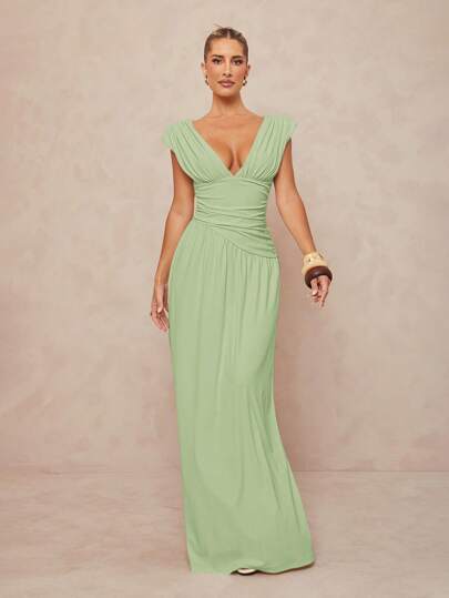 Lumalex 女式纯色深V领褶饰腰性感连衣裙