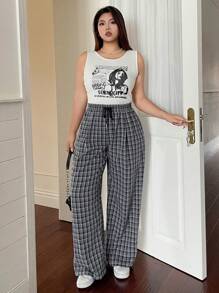 Dazy Plus Plus Size Plaid Elastic Waist Drawstring Loose Casual Long Pants - Navy Blue - View 7