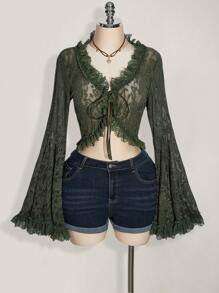 SHEIN ICON 加大码军绿色喇叭袖口蕾丝拼接前系带蝴蝶结 V 领毛衣上衣，适合暑假、毕业季、返校季、音乐节、波西米亚风