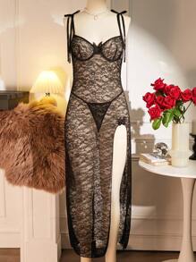 SHEIN 2件套性感女式蕾丝高开叉钢圈蝴蝶结吊带低腰内衣睡衣 - 黑色 - 查看 1