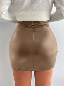 EURMUSE 素色PU皮革包臀半身裙 - 杏色 - 查看 2
