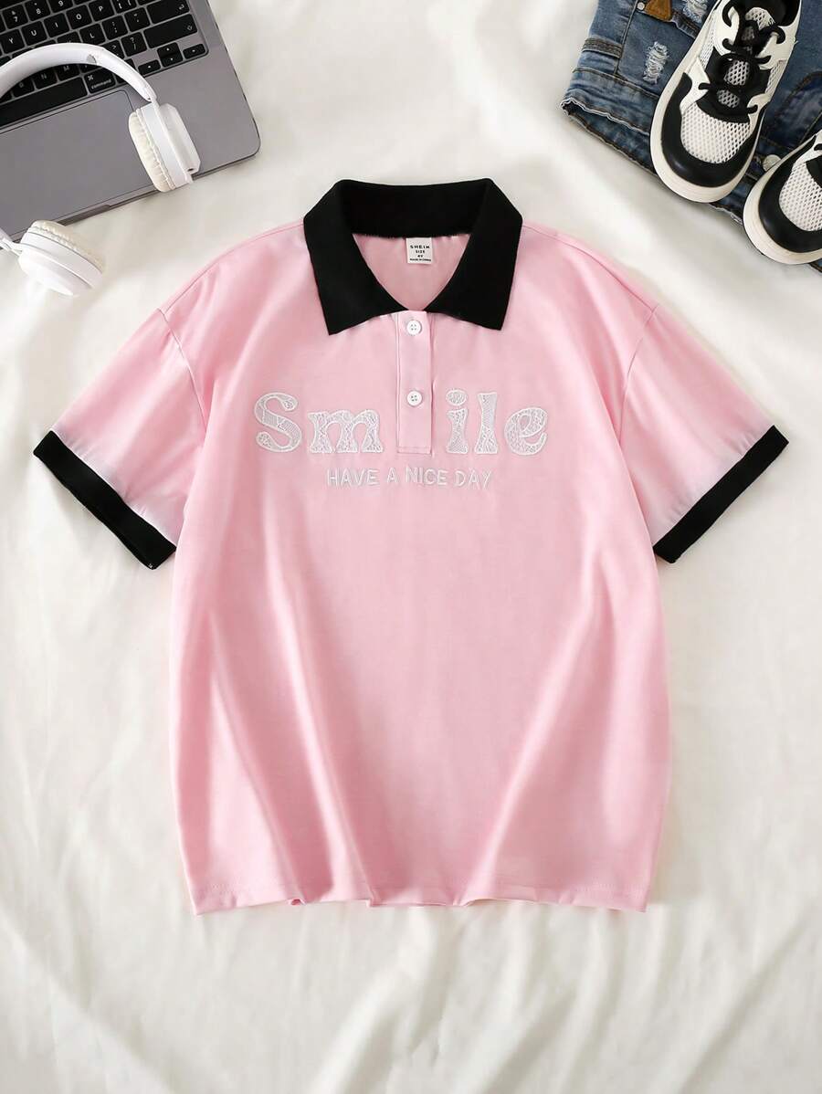 Tween 女童夏季休闲彩色块字母刺绣 T 恤 - 粉色 - 查看 1