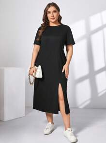 SHEIN Essnce Plus Size Women's Spring And Summer Fashion Casual Loose Comfortable Daily Basic Black Short-Sleeved Slit Mid-Length Dress,Summer Outfits For Women,Church Clothes Women,Old Money Style Women,Modest Dresses For Women