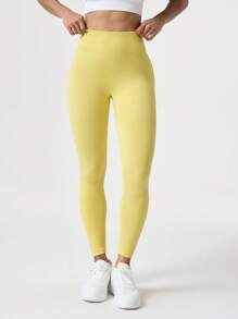 SHEIN Sports 1 件套吸湿排汗快干面料常规版型瑜伽/运动裤，芥末黄基本款 - 黃色 - 查看 6