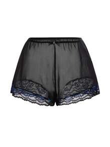 SHEIN Conjunto de pijama de camisola y shorts de encaje azul marino sexy - Negro - Ver 4