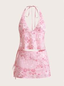 Amplova 2pcs/Set Women's Fashion Sequined Embroidered Halter Top And Mini Skirt Pink - Pink - View 1