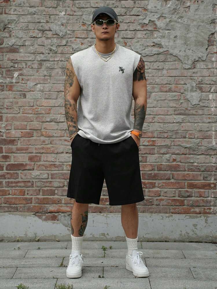 Men's Letter Print Colorful Top Suit Set, Summer