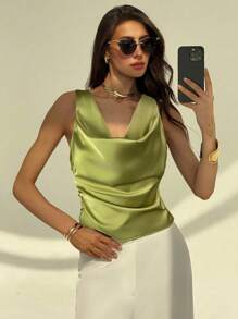 Aloruh Damen Ärmellose Bluse aus Satin mit rundem Ausschnitt und offenem Rücken, Einfarbig, elegant