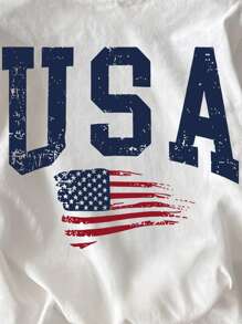 Women Letter & American Flag Graphic Round Neck Short Sleeve T-Shirt