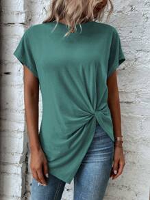 SHEIN LUNE Women's Solid Color Casual Twisted Crew Neck Short Sleeve T-Shirt - Green - View 3