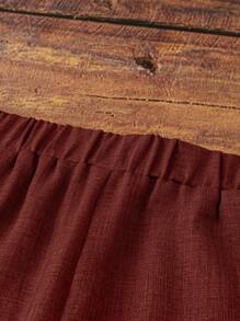 SHEIN Clasi 女式休闲蓝色不对称荷叶边盖袖衬衫 + 女式休闲蓝色松紧腰侧袋直筒九分裤，春夏 - 亮橙色 - 查看 7