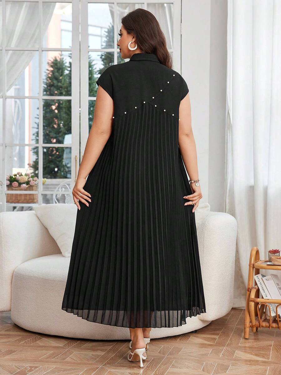 Lacomfia 大码休闲纯色衬衫领珍珠装饰褶皱后背宽松常规春夏连衣裙 - 黑色 - 查看 1