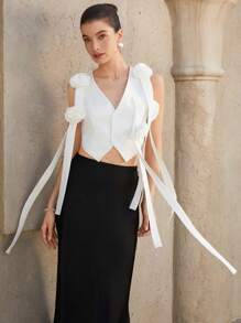 GENKIRA Fashionable Versatile Bowknot Decor Solid Color Camisole Tank Top - White - View 8
