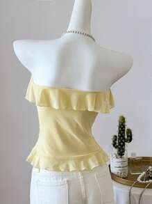 Elamini Sexy Fitted Ruffle Hem Bandeau Women Top - Yellow - View 2