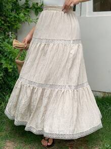 Dazy Plus 大码弹力腰带撞色蕾丝宽松A字裙度假装 - 杏色 - 查看 6