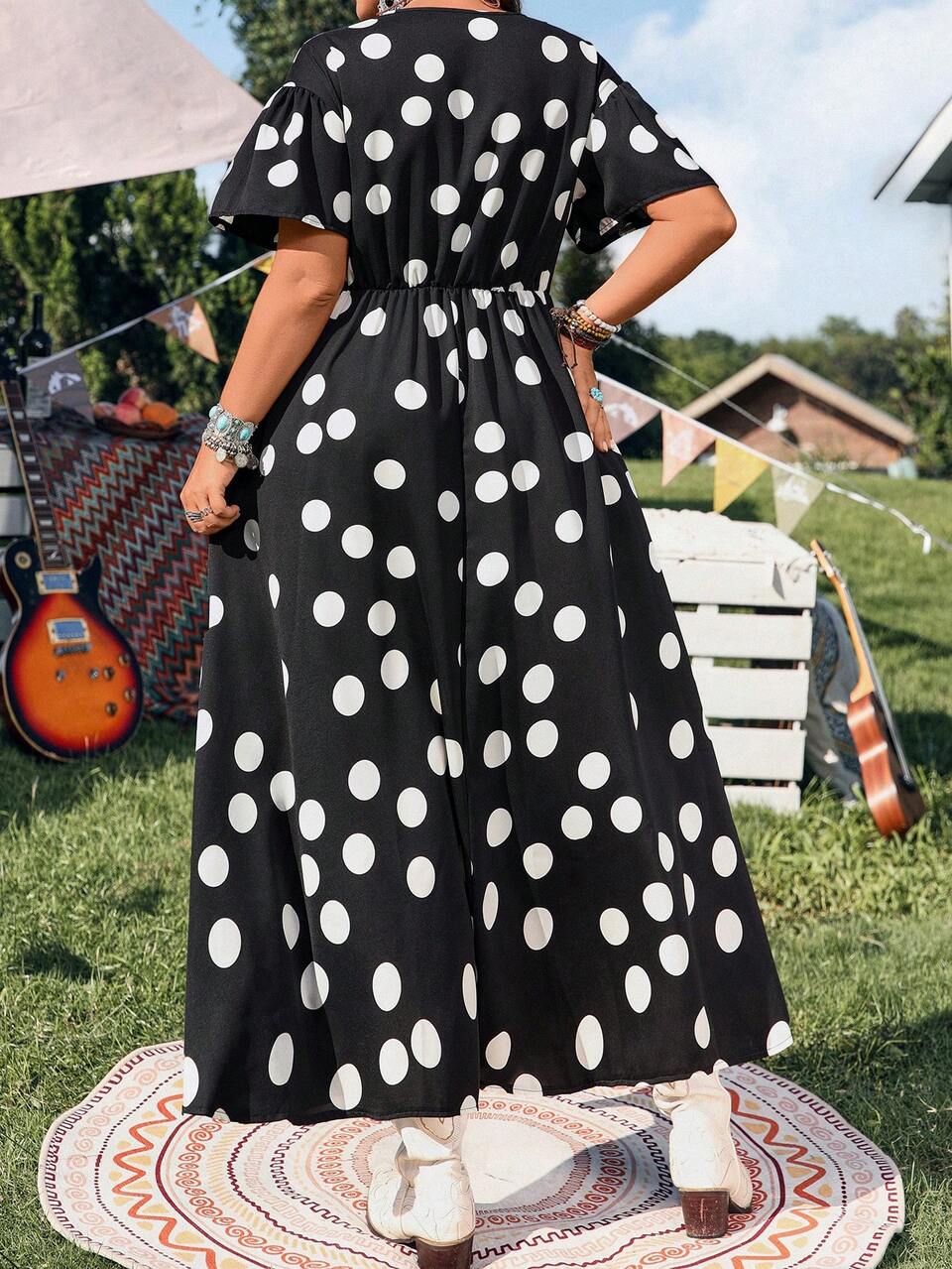 Plus Size Vacation Casual Polka Dot Print Dress,Summer Outfits For Women,Vacation Outfits For Women,Holiday Outfits Boho,Music Festival Clothing