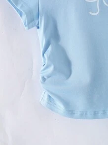 Girls Casual Crew Neck Short Sleeve Cropped Butterfly Print Blue T-Shirt, Irregular Hem, Summer Daily Versatile Top For Girls