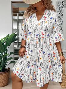 EMERY ROSE Plus Size Women's Summer Branch Floral V-Neck Dolman Dress With Ruffle Hem, Loose Fit - White - View 3