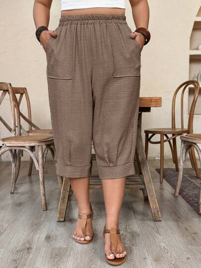 EMERY ROSE Plus SizeCasual Imitation Linen Cropped Pants