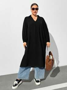 SHEIN Essnce 大码女装春夏时尚休闲宽松舒适清凉日常黑色 V 领长袖中长连衣裙、保守连衣裙、女式教堂服装、老钱风格、女式端庄服装、曲线黑色连衣裙、春季服装 - 黑色 - 查看 6