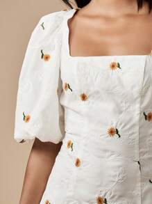 MISSGUIDED Sunflower Embroidered Mini Dress With Puff Sleeves Square Neck Summer Garden Party Wedding Guest Fitted A Line Ruched Back Occasion Dress - White - View 7