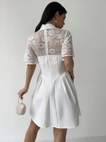 Firerie 女士简约优雅度假海滩度假撞色蕾丝 A 字短袖连衣裙，时尚百搭白色夏装 - 白色 - 查看 4