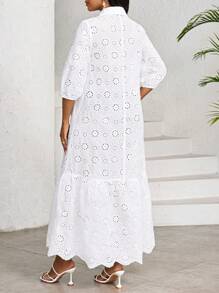 SHEIN Lady Women's Long Solid Color Eyelet Embriodery Dress, Fashionable For Summer White Dresses For Women,Dresses For Women Summer - White - View 2