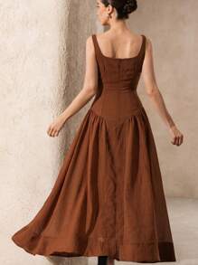 Revavyn Summer Lightweight Breathable Linen-Like Fabric Sweet & Slimming Square Neck Sleeveless Cinched Waist Flared Dress For Ladies - Brown - View 2