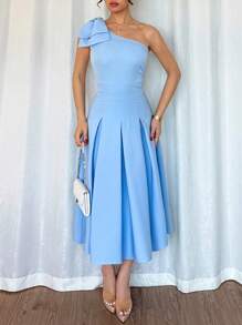 SHEIN Unity Vestido largo de línea A con hombro asimétrico y cintura - Azul - Ver 6
