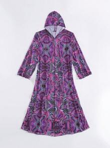 Modviera 随机印花长袖游泳和服，轻便夏季派对音乐节休闲沙滩女装