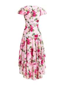 Ellevyn 女式 V 领裹身荷叶边袖花卉印花雪纺褶皱 A 字高低连衣裙，优雅日常浪漫春夏长裙 - 彩色 - 查看 9