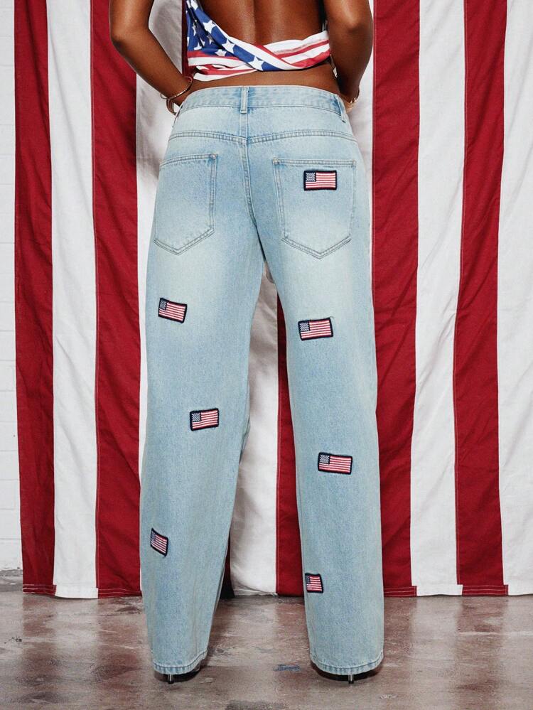 SUMWON WOMEN Patriotic American Flag Embroidered Light Wash Wide Leg Jeans